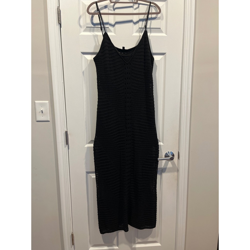 Express Black Crochet Knit Midi Dress XL V-Neck Sleeveless Bodycon Back Slit